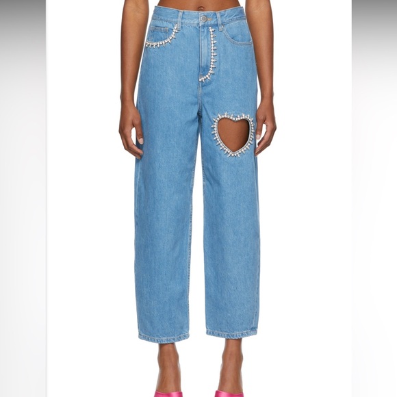 AREA Blue Crystal Heart Cutout Cropped Jeans - Picture 2 of 15